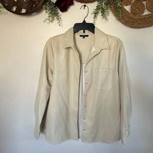 Kirious Cream Faux Leather Button-Down Long Sleeve Shirt Shacket